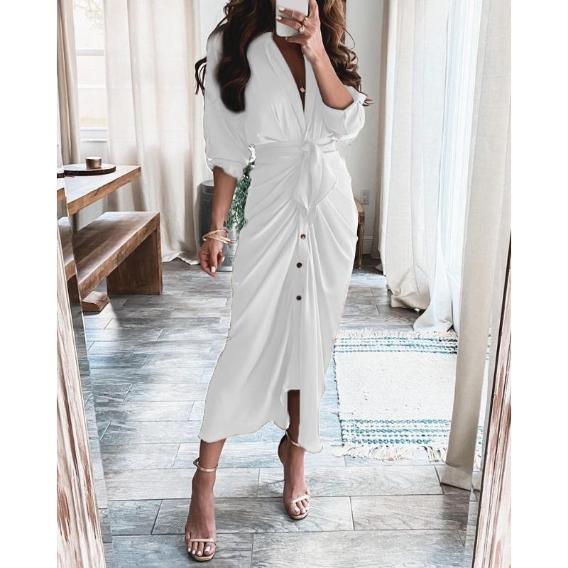 Wish Summer Long Sleeve Collar Button Print Dress Long Dress Women s Clothing S белый