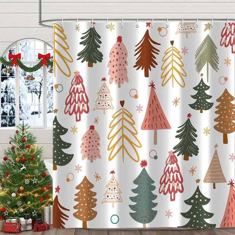 Christmas Shower Curtains Cute Elf Santa Claus Snowman Red Bird Xmas Tree Winter New Year Home Bathroom Curtain Decor With Hooks