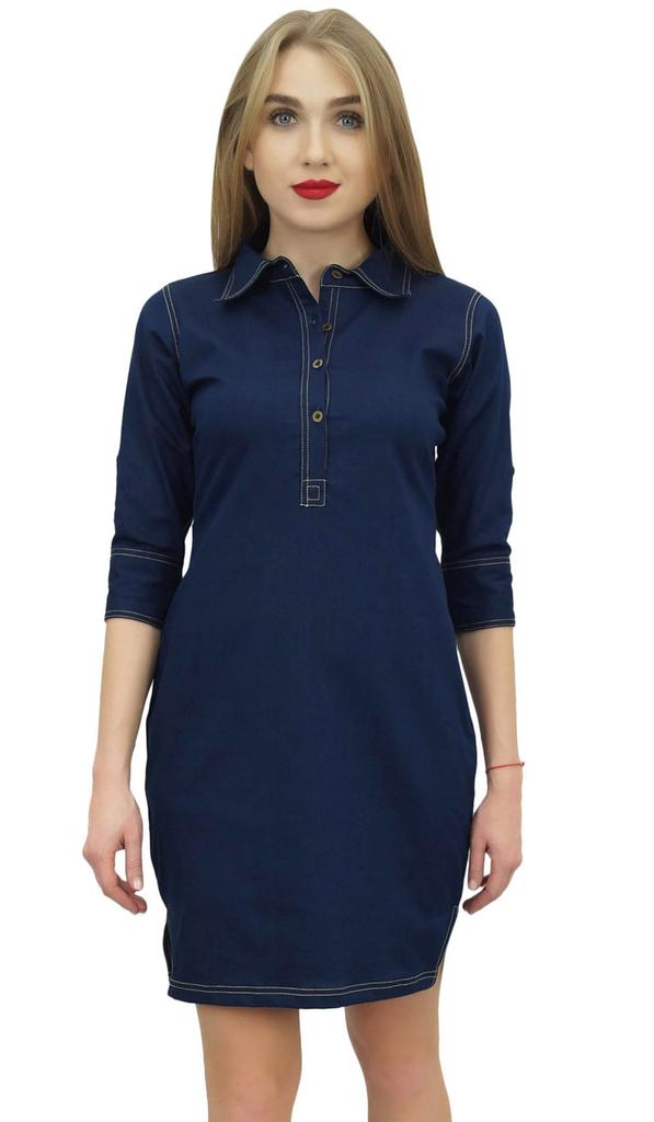 Bimba Women's Classic Collar Neck Denim Casual Dark Blue 3 4 Sleeve Dress -