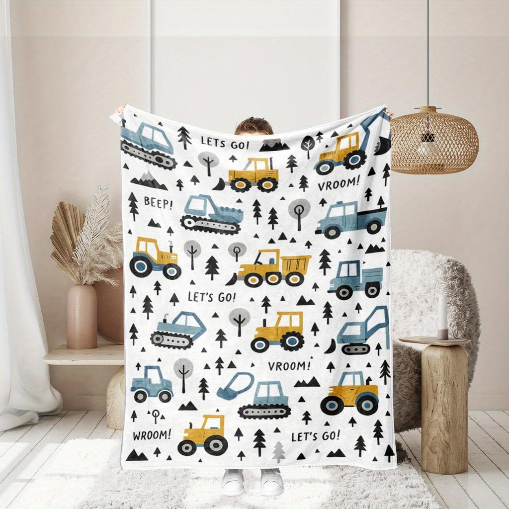 1 Stück Spaß-Bagger-Print-Decke für Jugendliche - Weiches Flanell, Ganzjahres-Kuscheldecke mit „Let'S Go Vroom!“""" Design, Maschinenwaschbar, Perfekt f"""