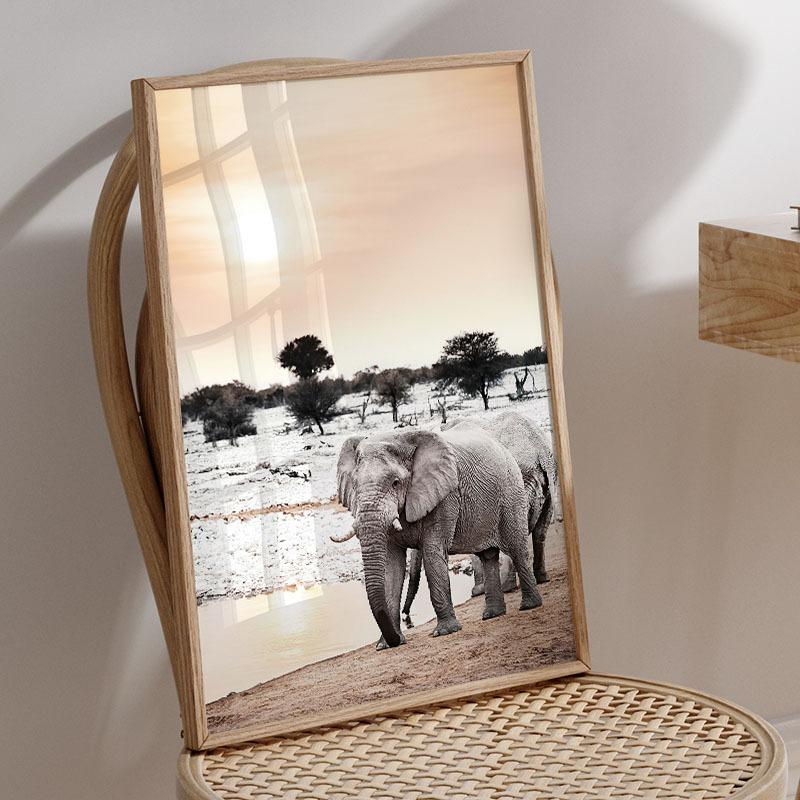 Löwe Giraffe Elefant Schilf Herbst Grasland See Wandkunst Leinwandmalerei Poster und Drucke Wandbilder für Wohnzimmerdekoration