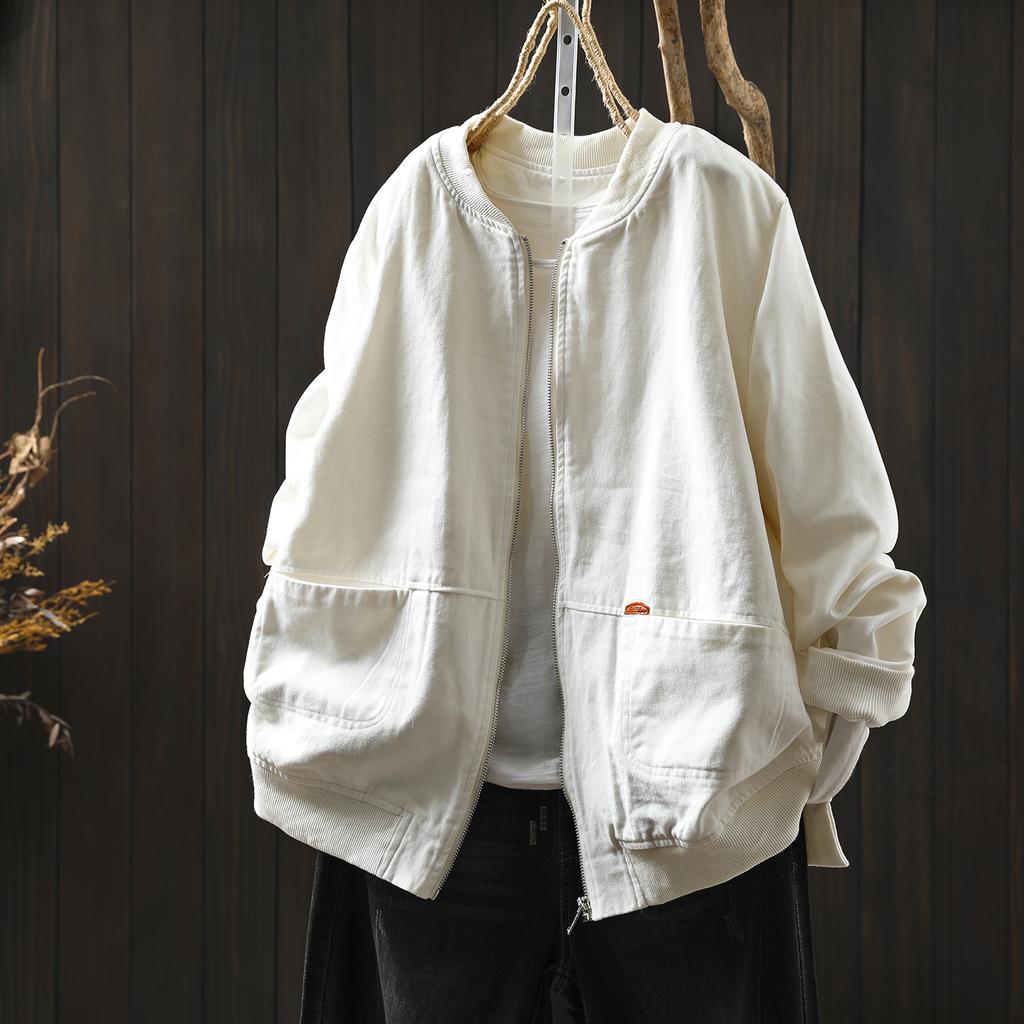 Women Vintage Cotton Jackets Solid Color Stand Long Sleeve Coats Autumn Zipper Loose Casual Pockets Jackets