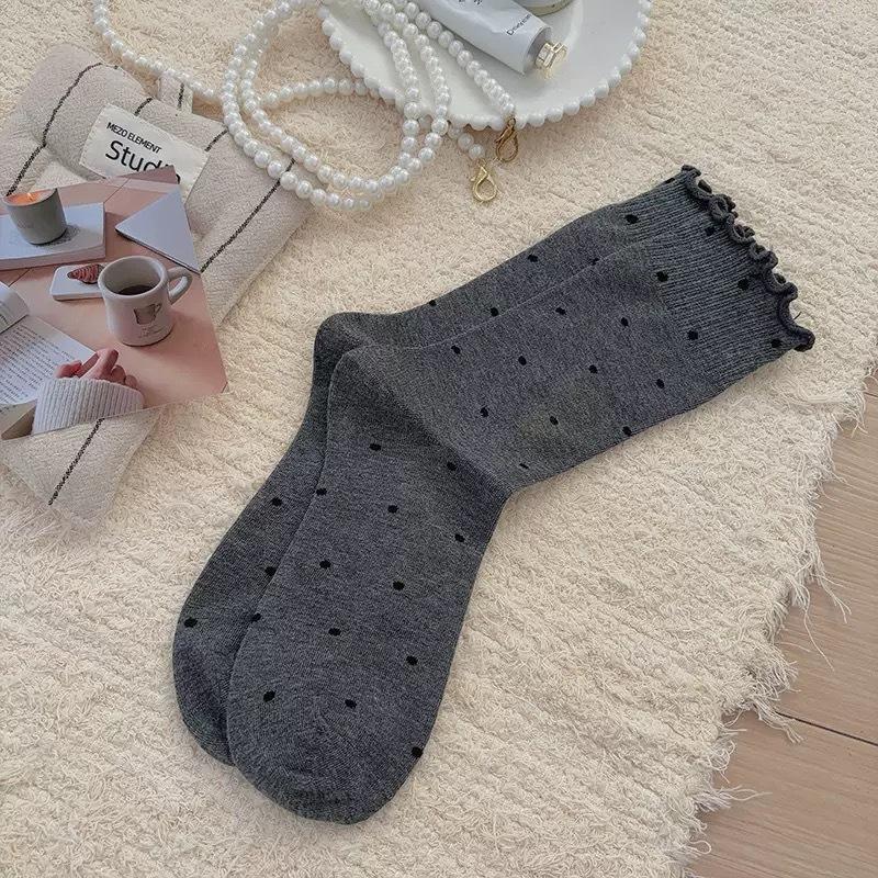 Women's Summer Thin Ballet-style Wooden Ear Side Polka Dot Long Tube Pile Socks
