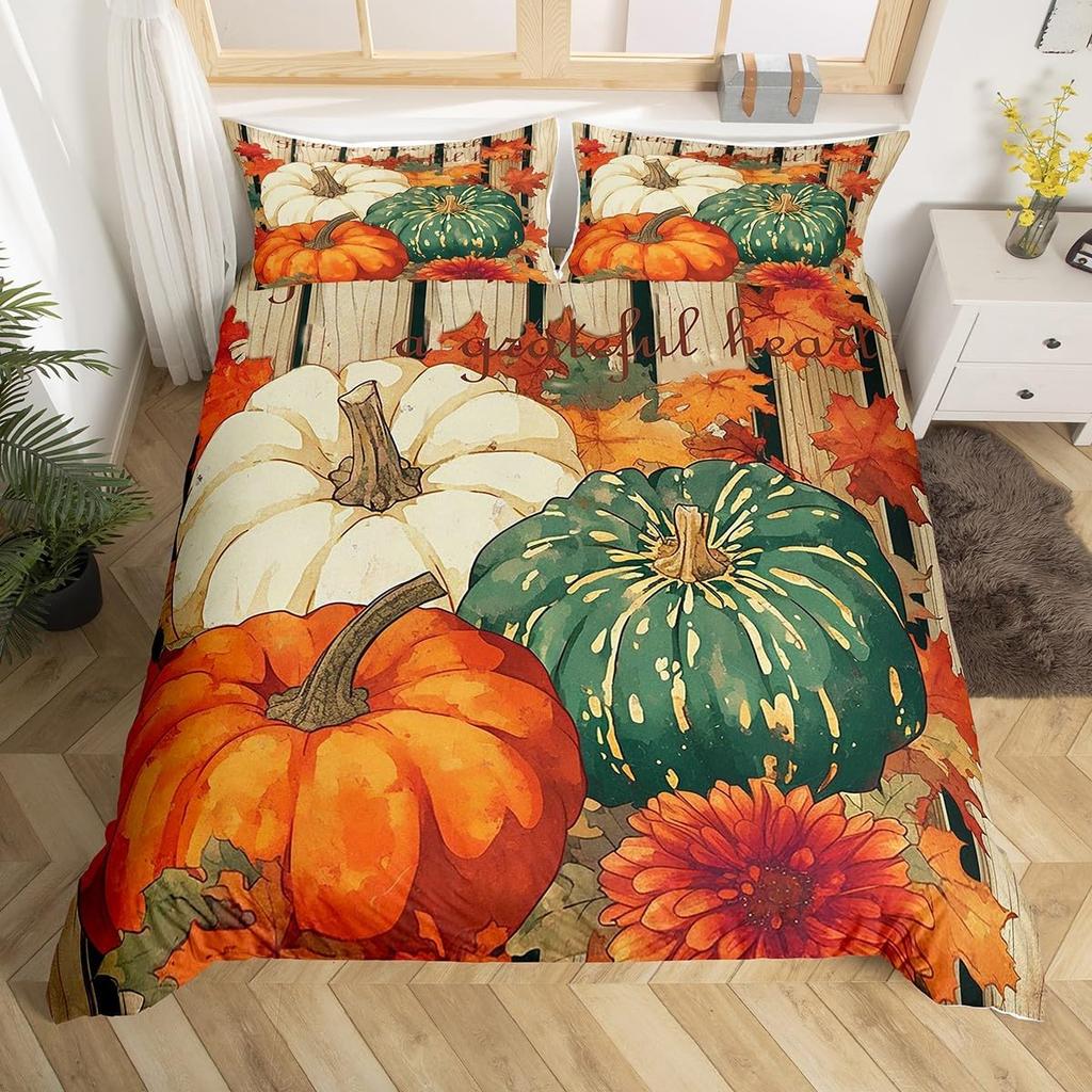 Fröhliches Thanksgiving BettbezugHerbsternte Kürbis Bettbezug Full King für Jungen Teenager Erwachsene Herbst Ahornblatt Bettwäsche-Set