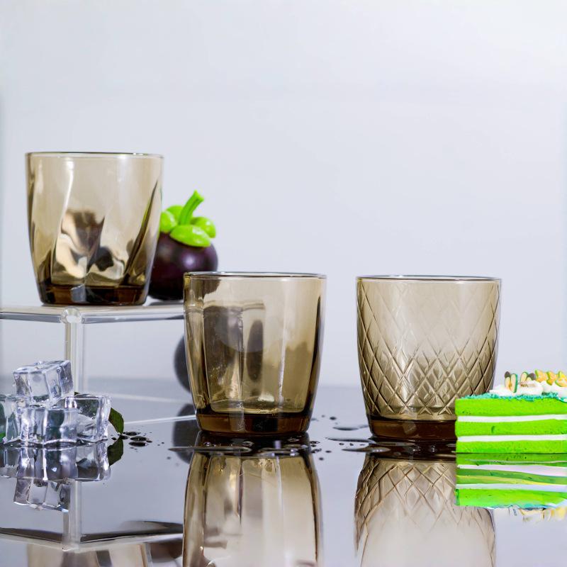 Hebe Engraved Flower Glass Cup, Round Mouth, Dark Gold - Stylish Juice & Milk Cup