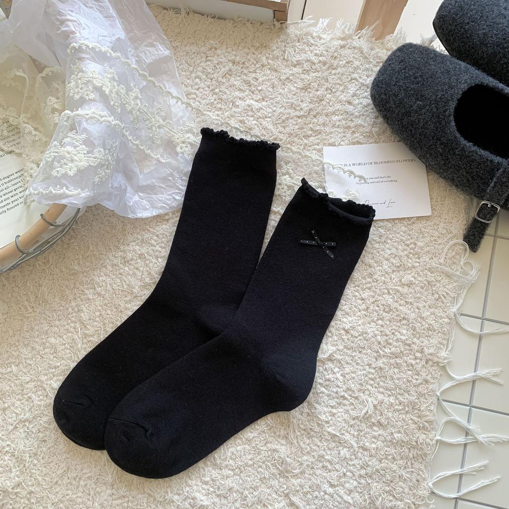 Flower Socks Women'S Autumn Sweet Double Bow Medium Tube Socks Color Matching Lace Stacking Socks