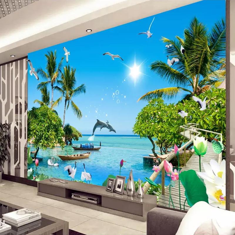 3D Strandplakat Fototapet Blå Himmel Hvite Skyer Kokospalme Sjølandskap Veggmaleri Stue Sofa Soverom Mural