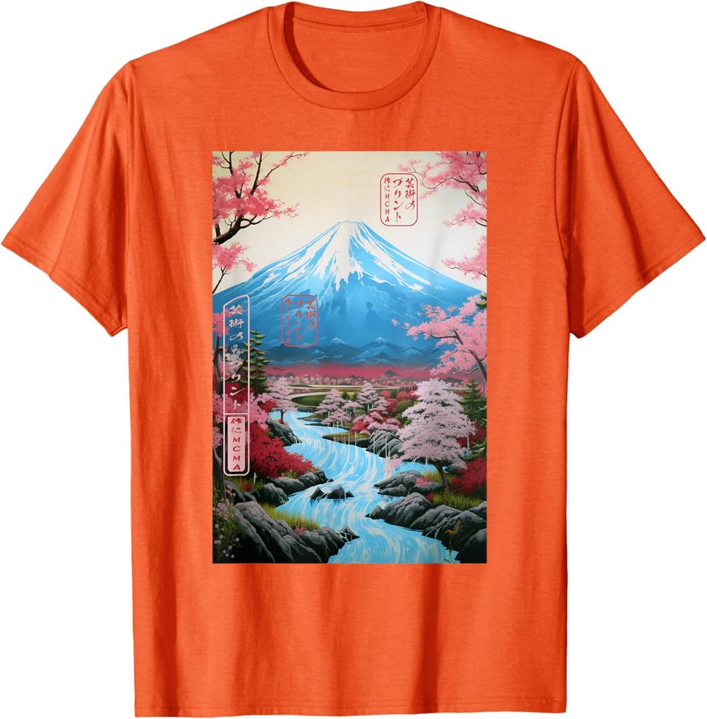 Mount Fuji Ukiyoe Cherry Blossom Graphic TShirt Soft Cotton Casual Short Sleeve Tee for Men
