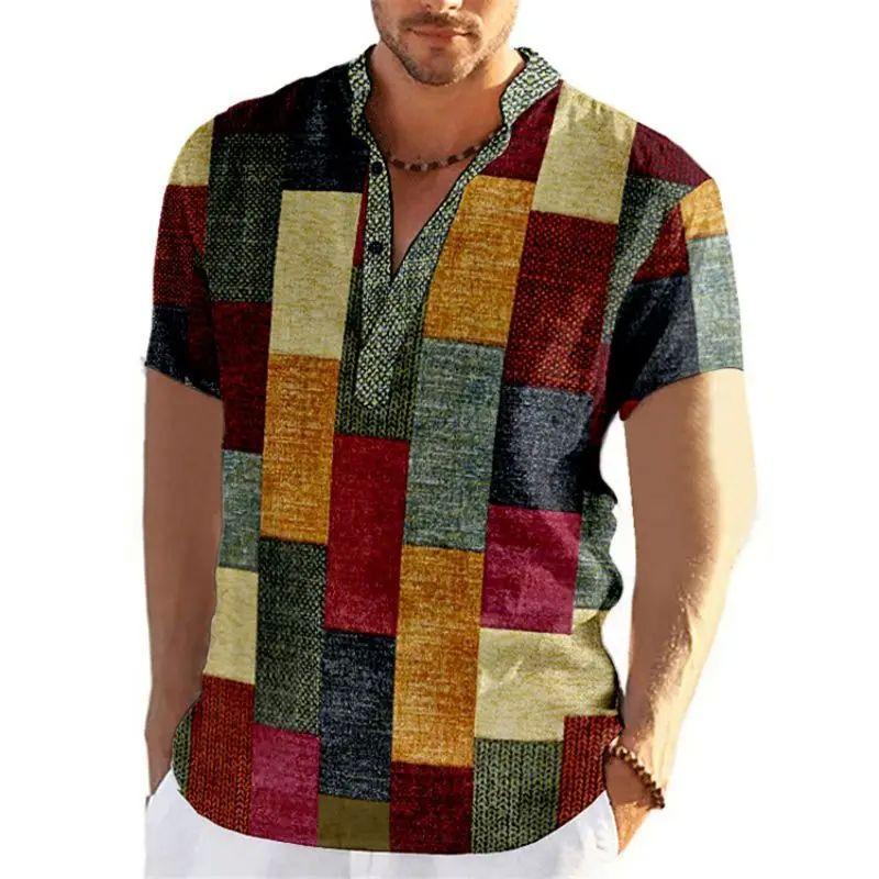 

Vintage Men S 3D Faion Patchwork Printed Irt Oversized Autumn Collar Fce Lined Thiened Nine-Quarter Sve M