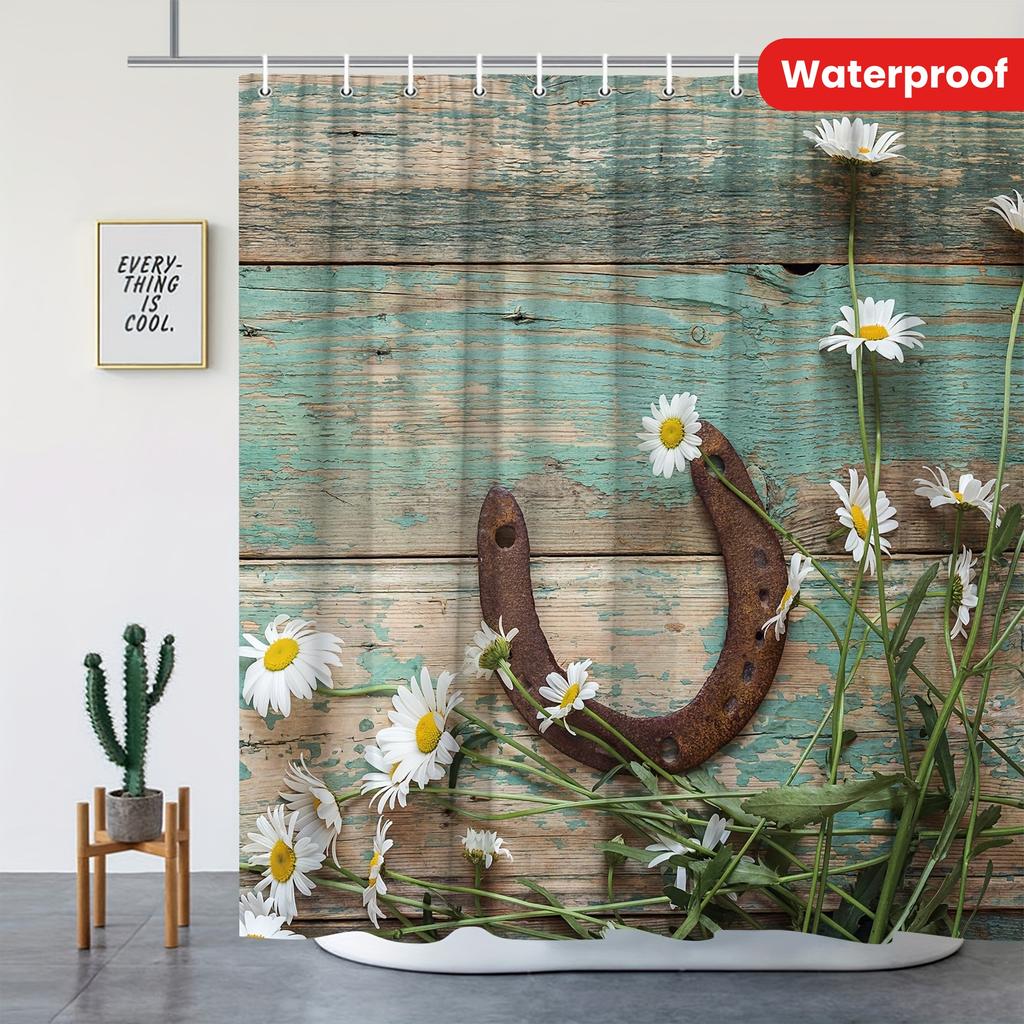 Waterproof Wooden Panel Daisy Shower Curtain With Hooks Bathtub Partition Home Decor