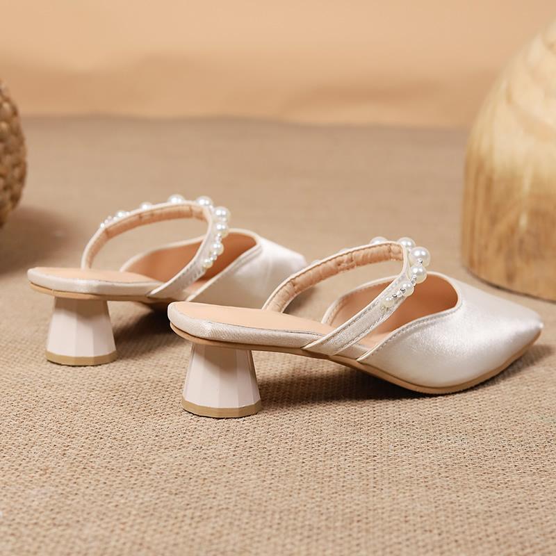 French Style Women's Mules Half Covered Head Slip-On Shoes Elegant Ladywear Outdoor Ladies Single Shoes Silk Upper Rubber Sole