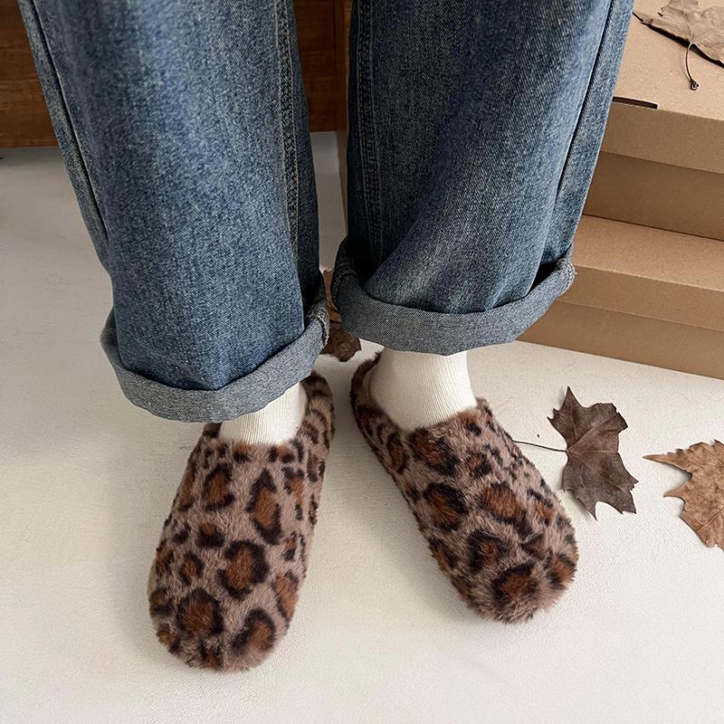 Aphixta Leopard Round Toe Warm Winter Slippers New Fluffy Platform Slippers for Women 2024 Winter Plush Warm Cotton Shoe