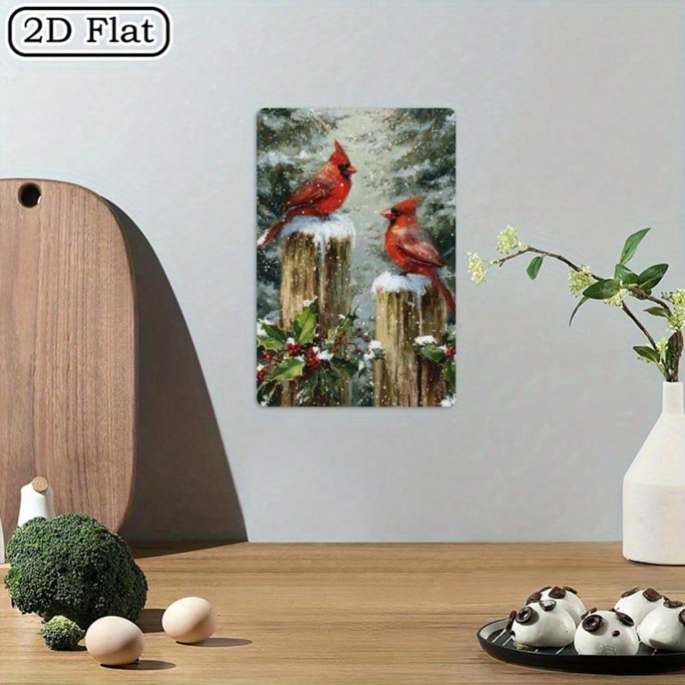 Vintage Metal Tin Sign, 12x8 Inch Cardinal Bird Winter Scene, Rustic Farmhouse Wall Decor for Christmas, Indoor Outdoor Holiday Gift