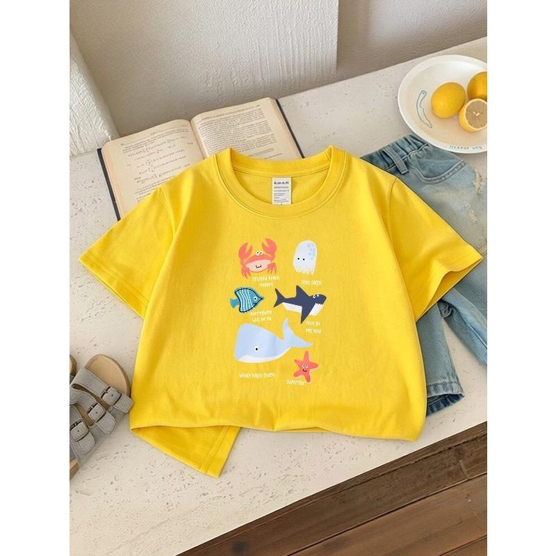 European Sizes Boys' T-shirt Crab Jellyfish Fish Shark Whale, Ideal for Outdoor Activities, Soft Knitted Top, Comfortable And Breathable