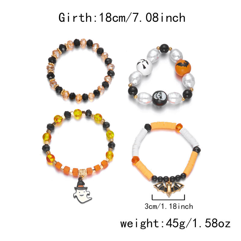 4PCS Halloween Beaded Bracelet Set - Elastic Pumpkin Bat Charm Bracelets with Adjustable Colorful Design