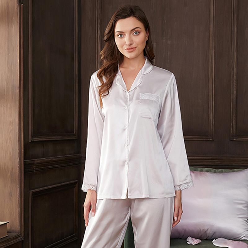 ZF Women's Satin Long Sleeve Long Pants Pajamas Korean Style Light Luxury Imitation Silk Comfortable Homewear Two-Piece Set Wholesale