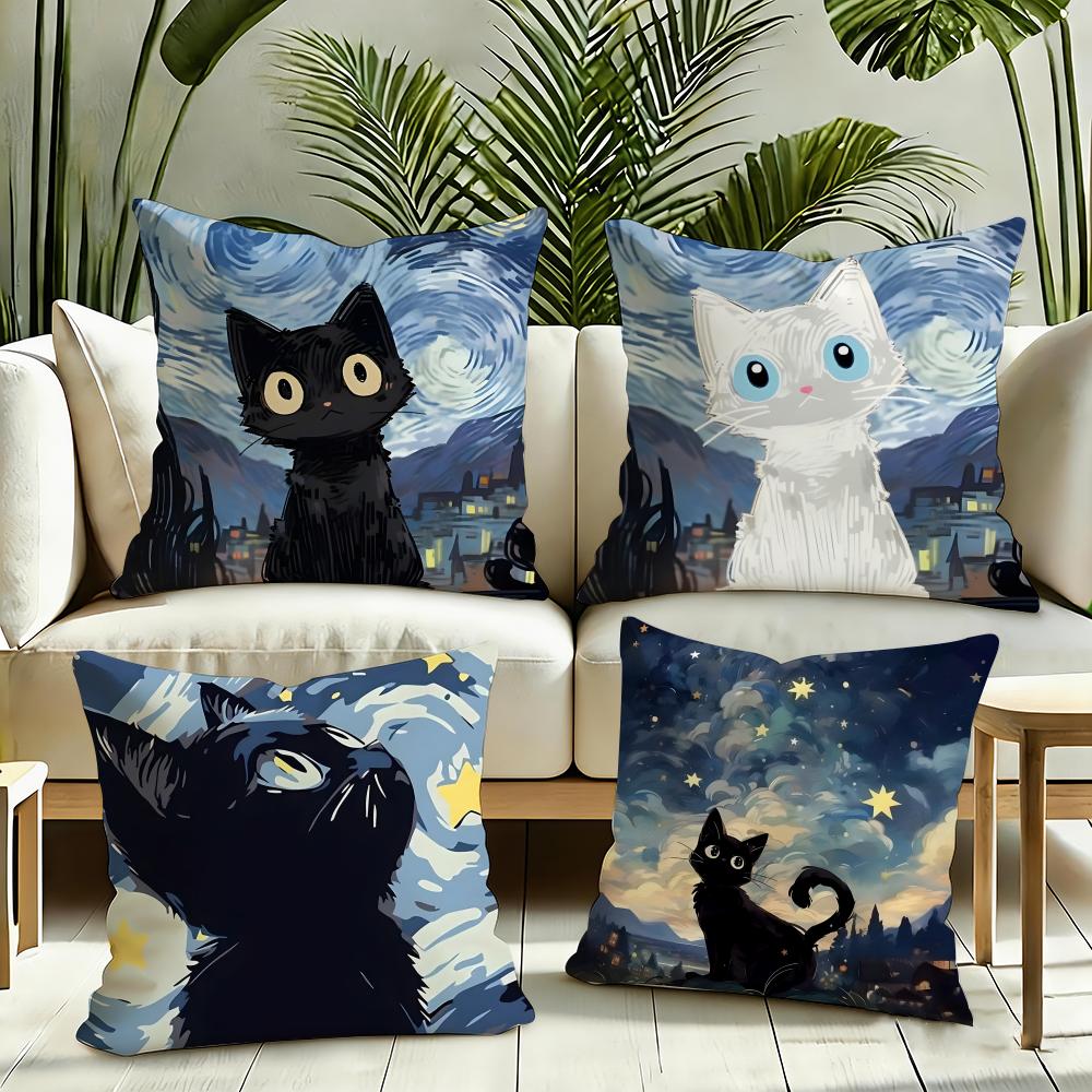 Art Sky Night Cat Cushion Cover Silky Short Plush Invisible Zipper Dustproof Sofa Pillow Case for Home Decor