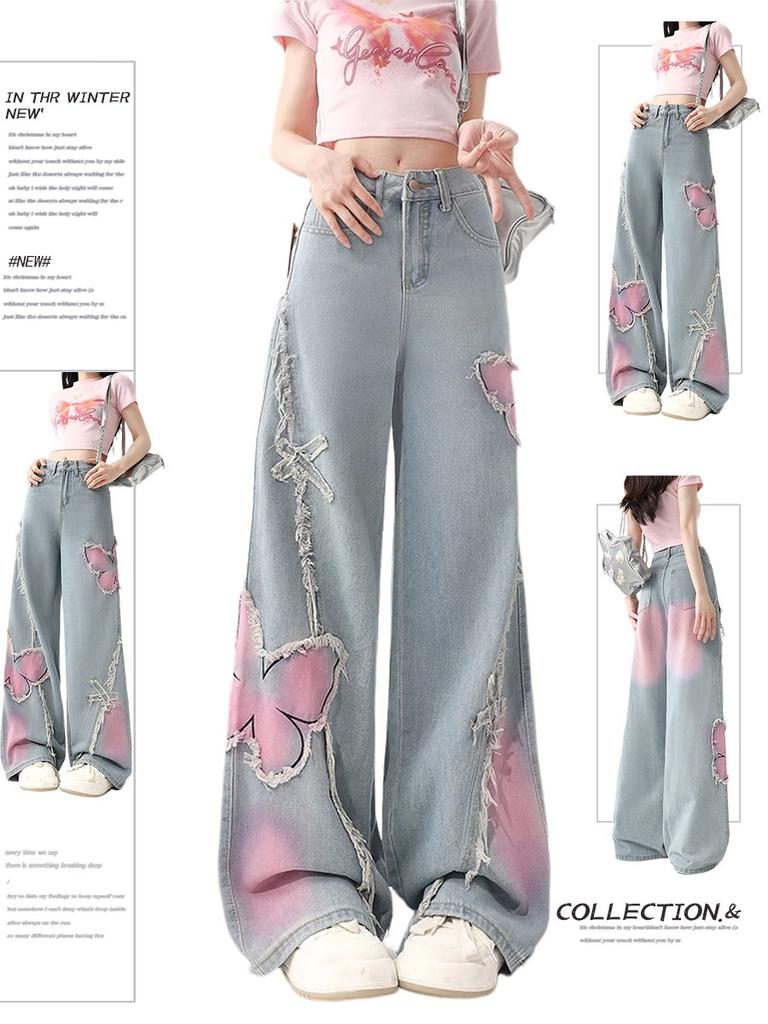 Women's High Waist Wide Leg Jeans Loose Fit Commuter Butterfly Embroidery Gradient Flared Jeans