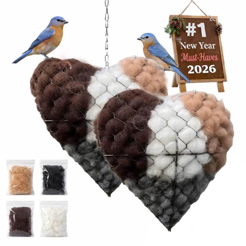 2PCS Refillable Bird House Fiber Fillers In Heart Style Metal Hangers For Lawn And Garden