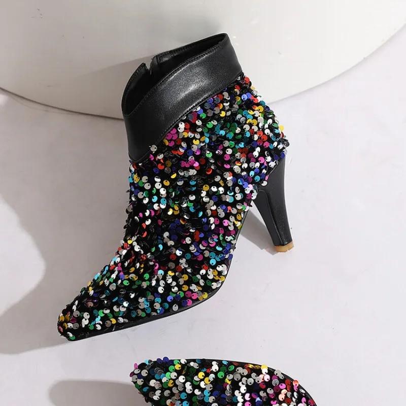 Fashion New Silver Sequin 8cm High-heeled Short Boots European American Autumn Winter Fashionable Elegant Women Ankle Boots Size 34-47