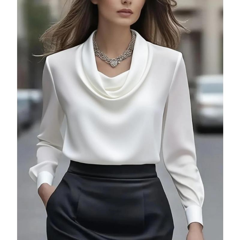 TIFICY Women s Fashion Casual Spring Autumn Solid Color Print Long Sleeve Blouses & Shirts S белый