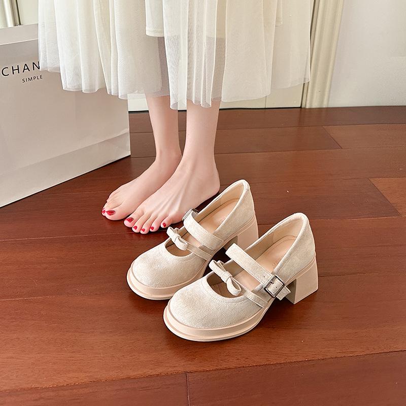New High-heeled Mary Jane Shoes Women's Retro Bow High-heeled Shoes Round Head Shallow Mouth One-word Buckle Belt Thick-heeled Single Shoes Women