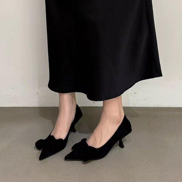 Fashion French pointed-toe bow suede single shoe for women 2025 new style Slim heel versatile and elegant commuting single shoe