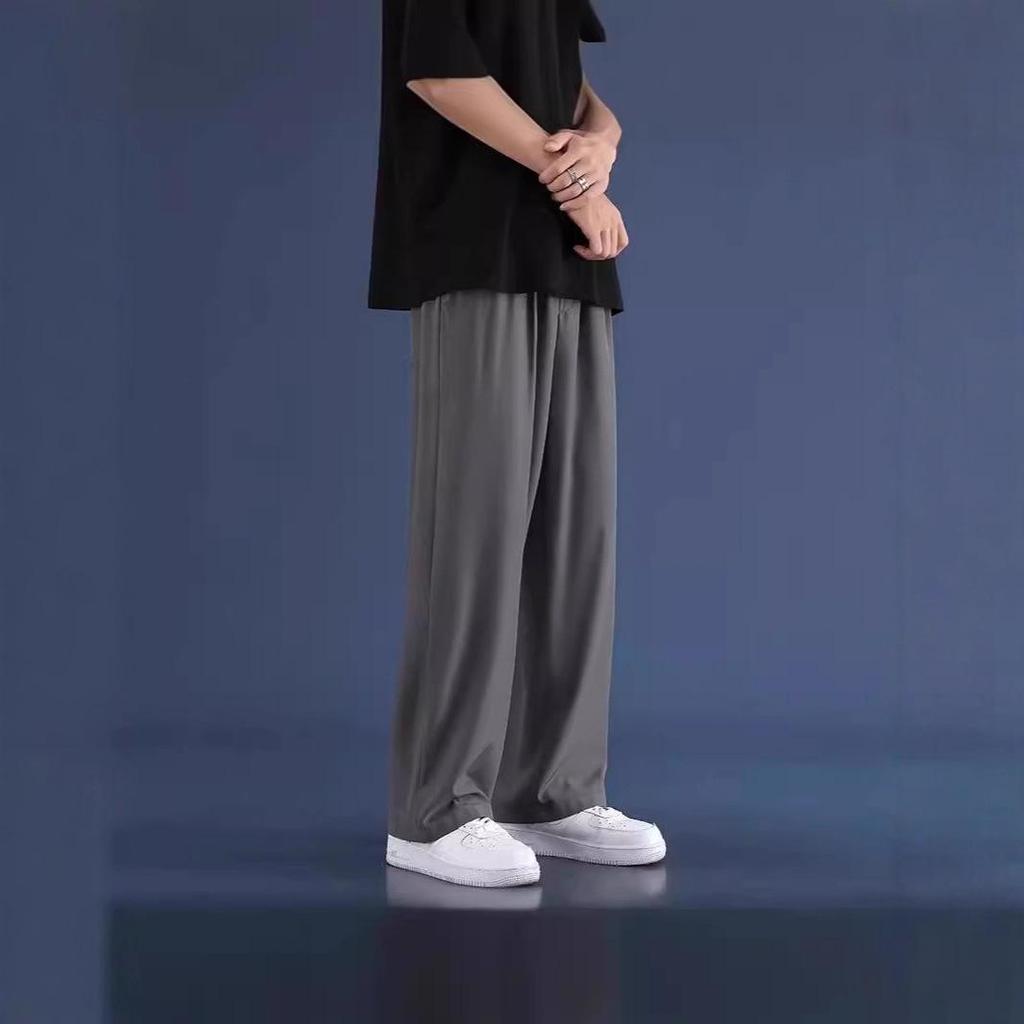 Men's Summer Ice Silk Wide-Leg Pants – Solid Color, Loose Fit, Plus Size, Straight Leg, Hong Kong Style