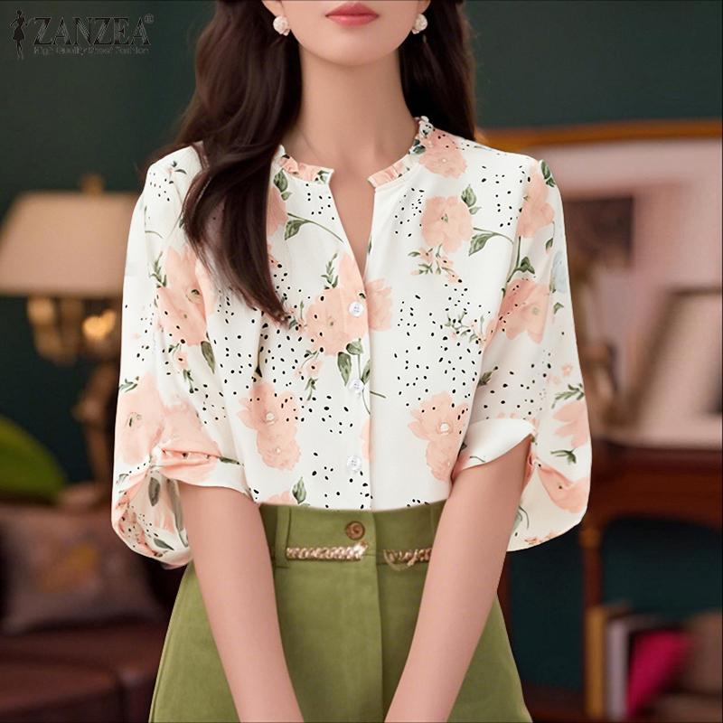 ZANZEA Women Casual V-Neck Summer 3/4 Sleeve Floral Print Blouse