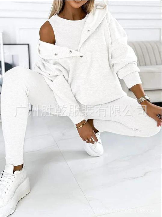 1116 European and American new women's clothing sports and leisure hooded pocket sweater threaded slim trousers set