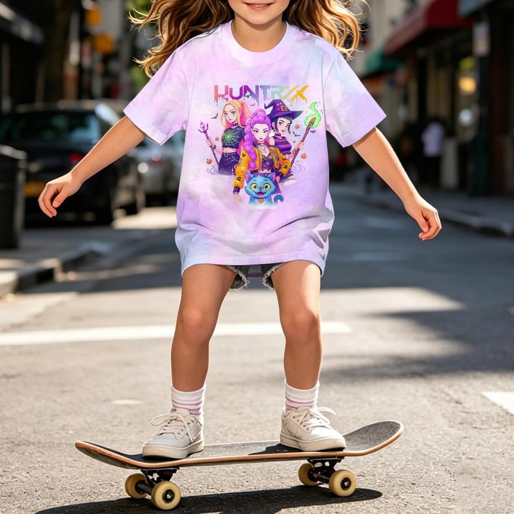 Girls Loose Fit Short Sleeve T Shirt Halloween Inspired Demon Hunter Print Casual Comfortable Top for Kids