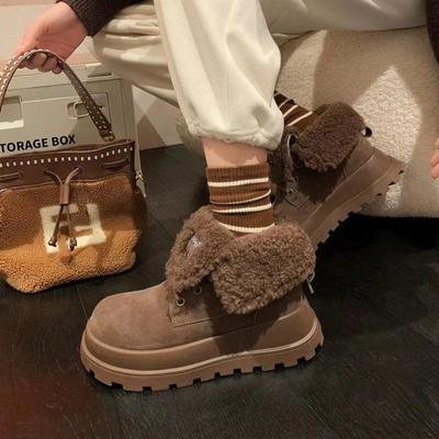 2024 Nuovo stile in pelle scamosciata con suola spessa stivali da neve alla caviglia con suola piatta scarpe da donna invernali scarpe da donna calde e morbide