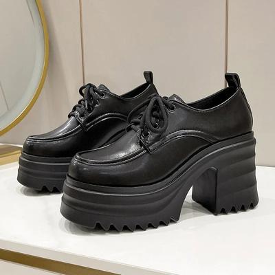 Mocassini Goth Chunky con Tacco Alto alla Moda per Donna Nuovi Mocassini con Plateau in Pelle Scarpe Lolita con Tacco Grosso Monocolore Femminili 2024