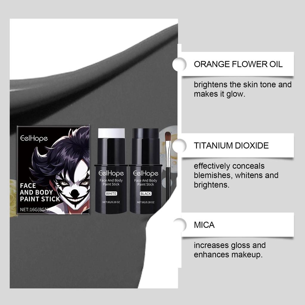 Halloween Black White Face Body Paint Kit Full Coverage Lighweight Foundation Clown Joker Makeup Festive Makeup Accessories Set