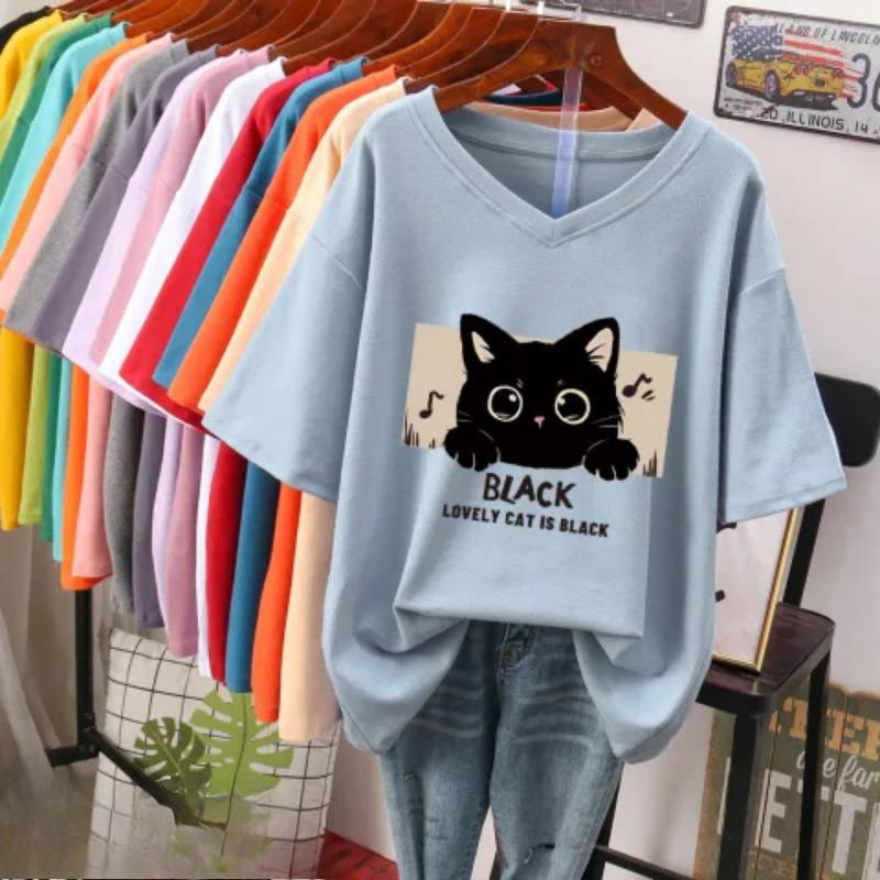 

Женская футболка с коротким рукавом, большого размера, свободная и стройнящая, топ с V-образным вырезом с принтом XL синий