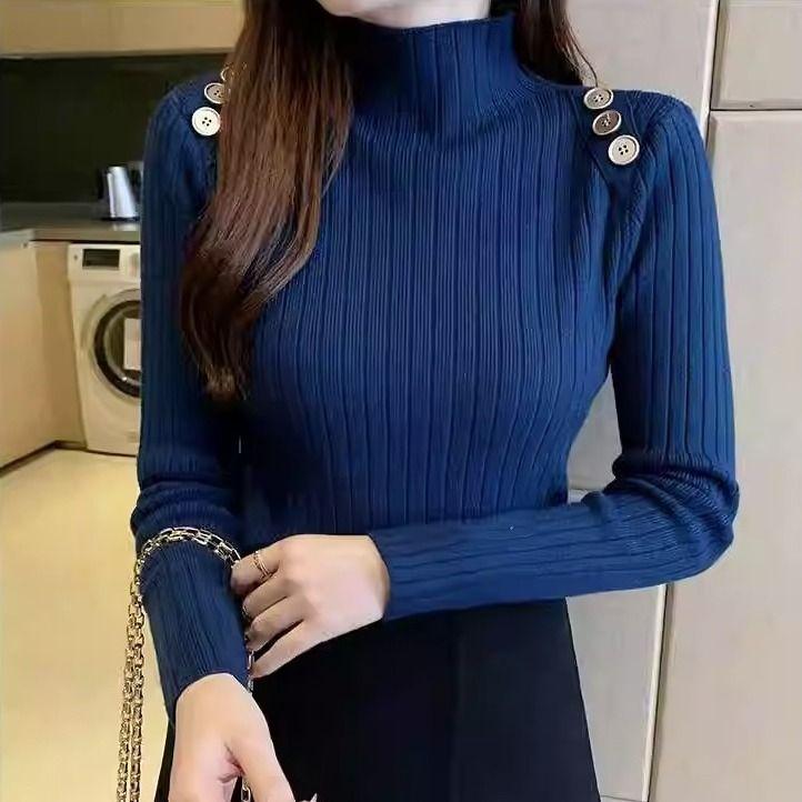 

Полувысокий однотонный свитер для женщин, свободный пуловер на осень и зиму, базовый трикотаж по контракту, верхняя основа XL синий