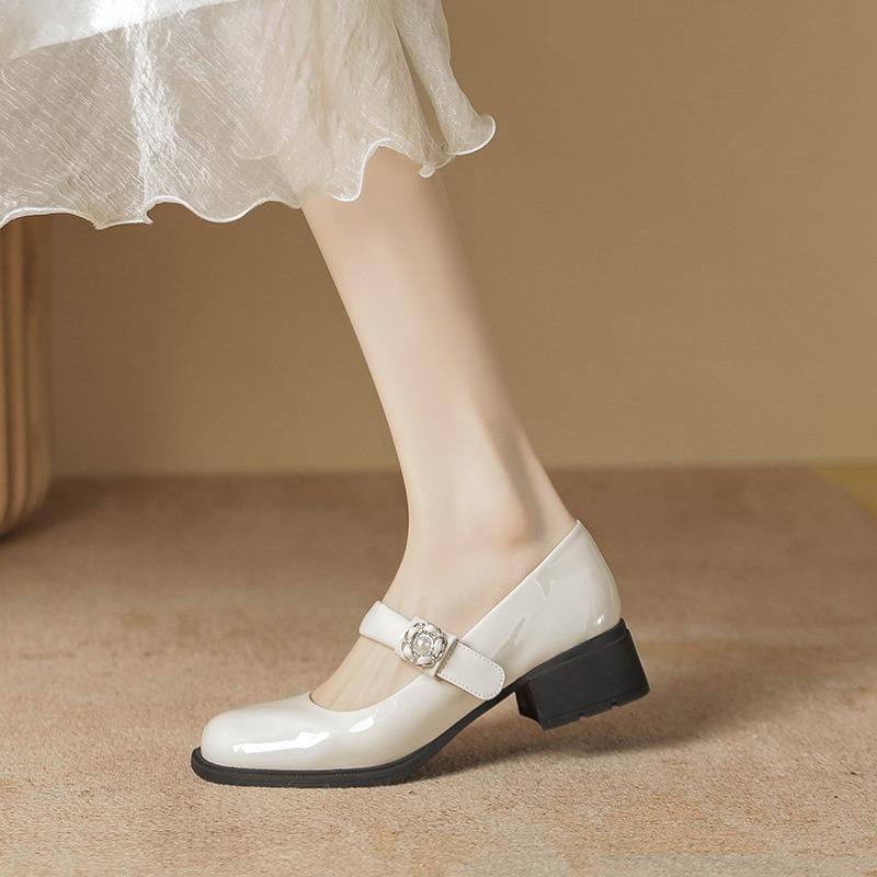 Mary Jane Shoes Women's Spring New Round Head Shallow Mouth Gentle Small Leather Shoes Thick Heel with Pearl Single Shoes Women