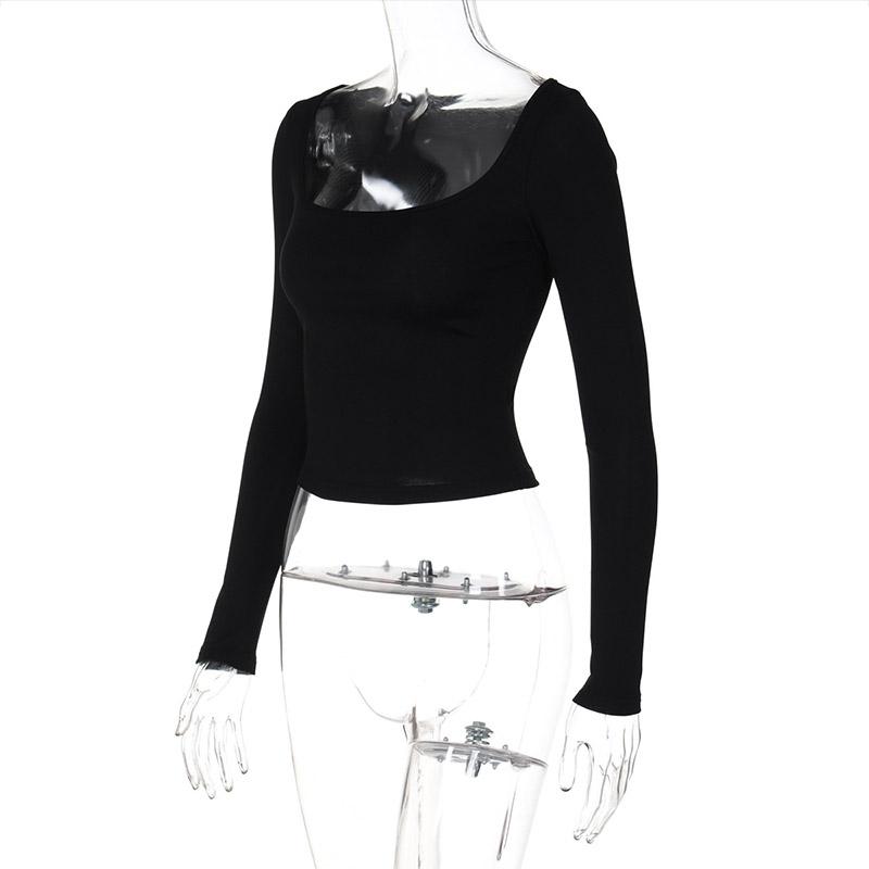 Sexy Slim Fit Square Collar T-Shirt Women Long Sleeve Solid Basic Top Spring Autumn Low Cut Simple Pullover