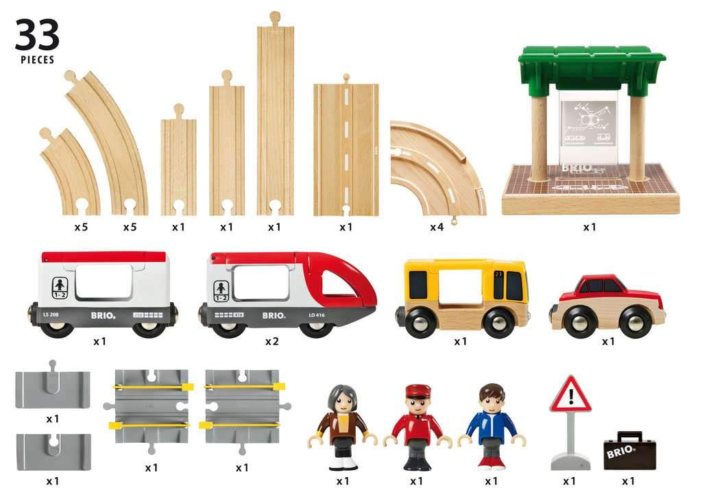 BRIO WORLD Rail & Road Travel Set [33-Piece Set] for Ages 3+ (Wooden Train with Rails) 33209