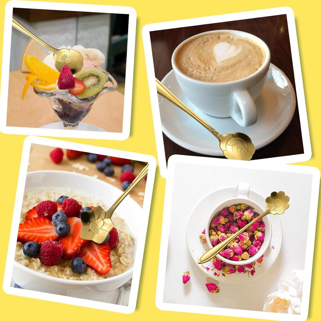 8 Pcs Gold Stirring Spoons Set,Floral Design Stainless Steel Stirrers for Coffee,Tea,Dessert & Sugar Reble Mini Utensils Kit for Tea Party & Home Bar