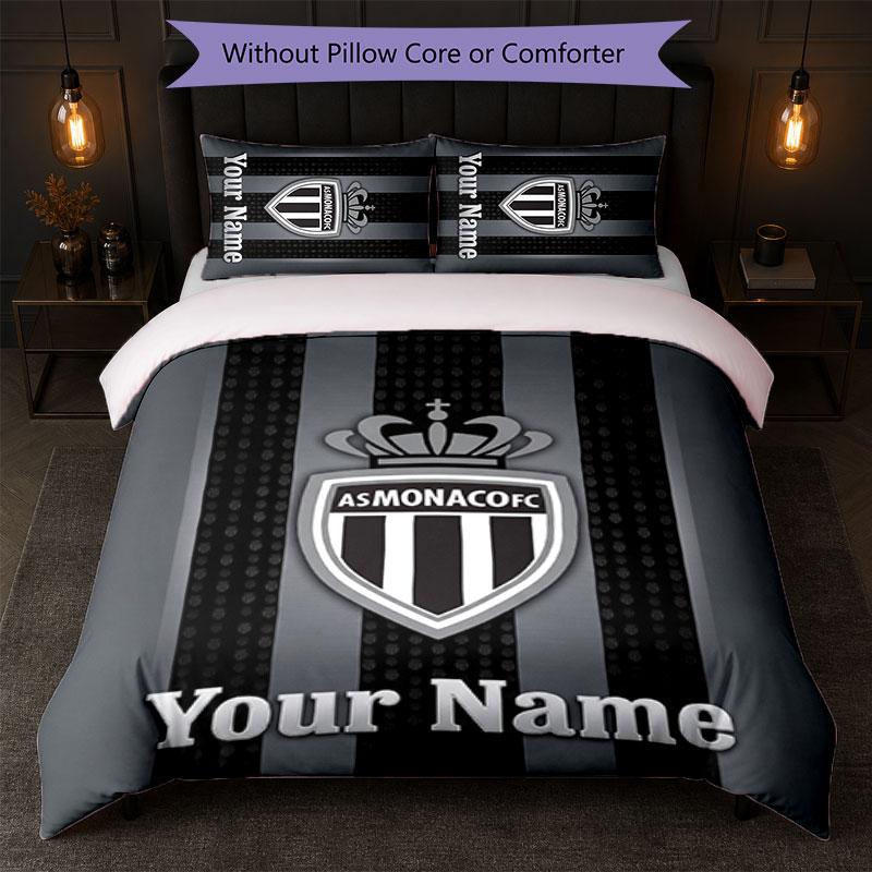 Monaco FC Custom Name Text Bedding Set 1 Duvet Cover+2 Pillowcases Soccer Logo Personalized Gift For Special Occasion Bedroom Decor