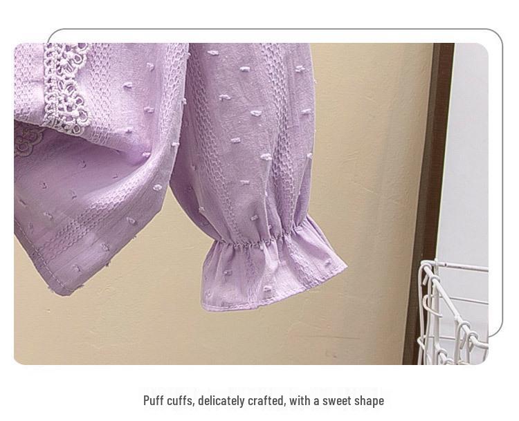 Spring 2024 Girls' White Long Sleeve Shirt with French Lace Collar