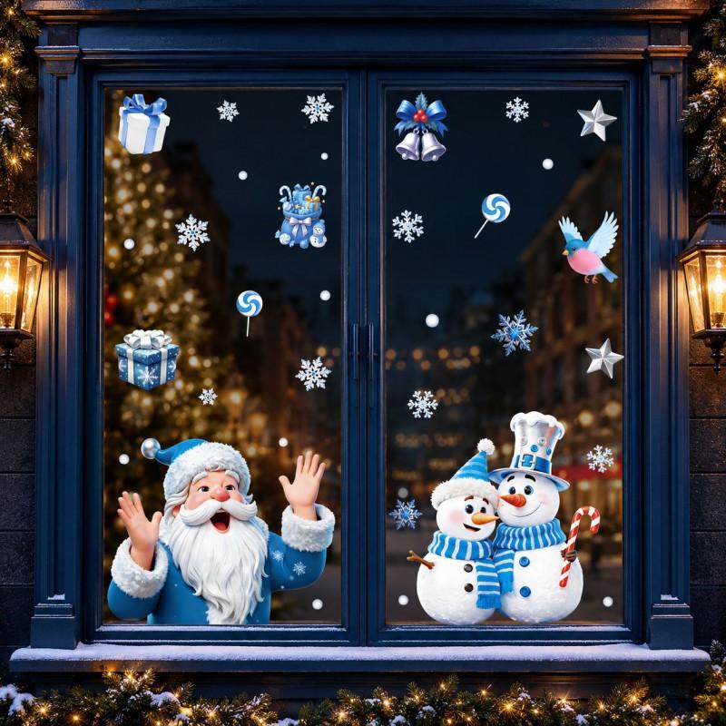 Blue Christmas Window Stickers Snowman Santa Claus Decals Winter Holiday Decorations