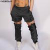 INCERUN Men Elastic Waist Adjustable Cutout Glitter Long Pants Cargo Trousers