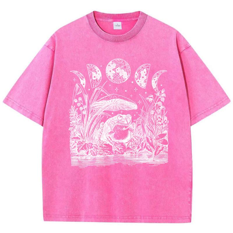 

Personality Frog Mushroom Print Women Washed T-Shirt Hip Hop Cotton Short Sleeve Summer T Shirt Loose Soft Top S