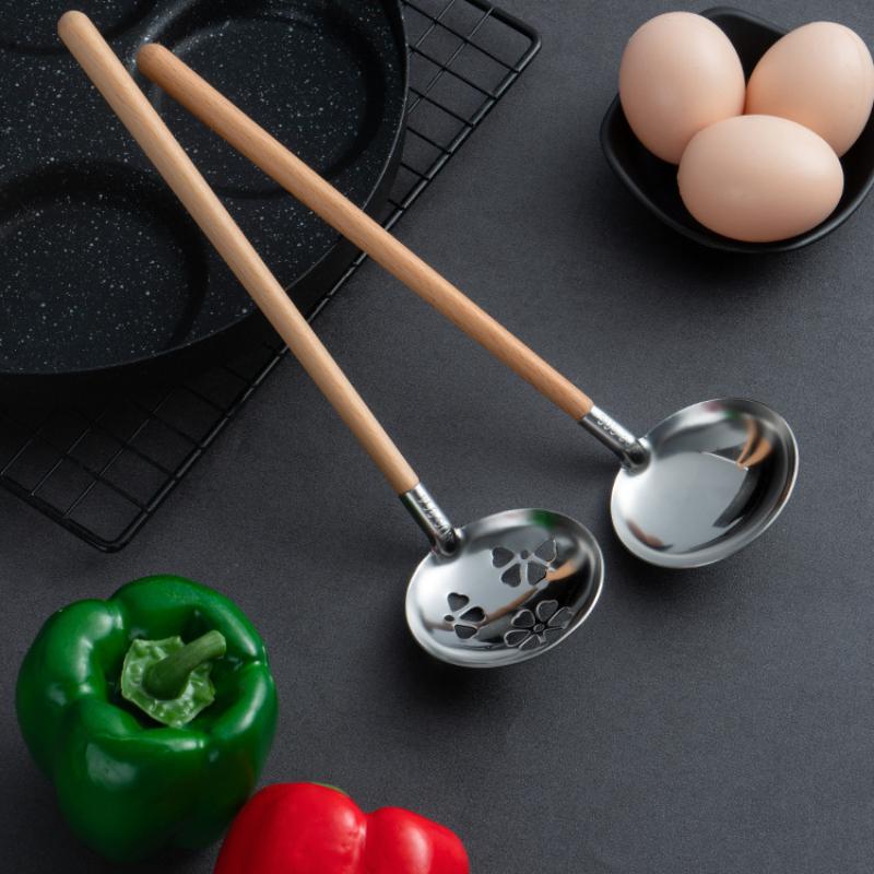 HANYANG Wooden Handle Hot Pot Spoon 304 Stainless Steel Soup Shell Soup Funnel Household Leakage Shell Extended Handle Soup Ladle Leakage Spoon