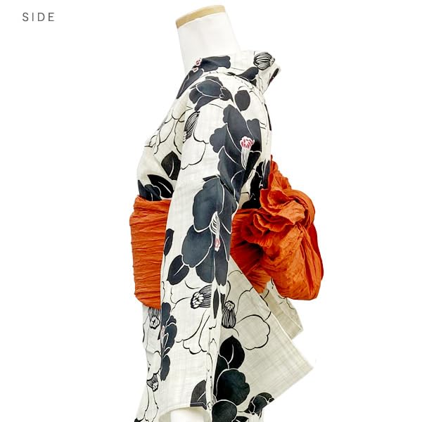 Kyoto Kimono Yuzen Yukata and Obi Set in with Monochrome Camellia and Floral Retro Style (2 Pieces) Off-White Prints,