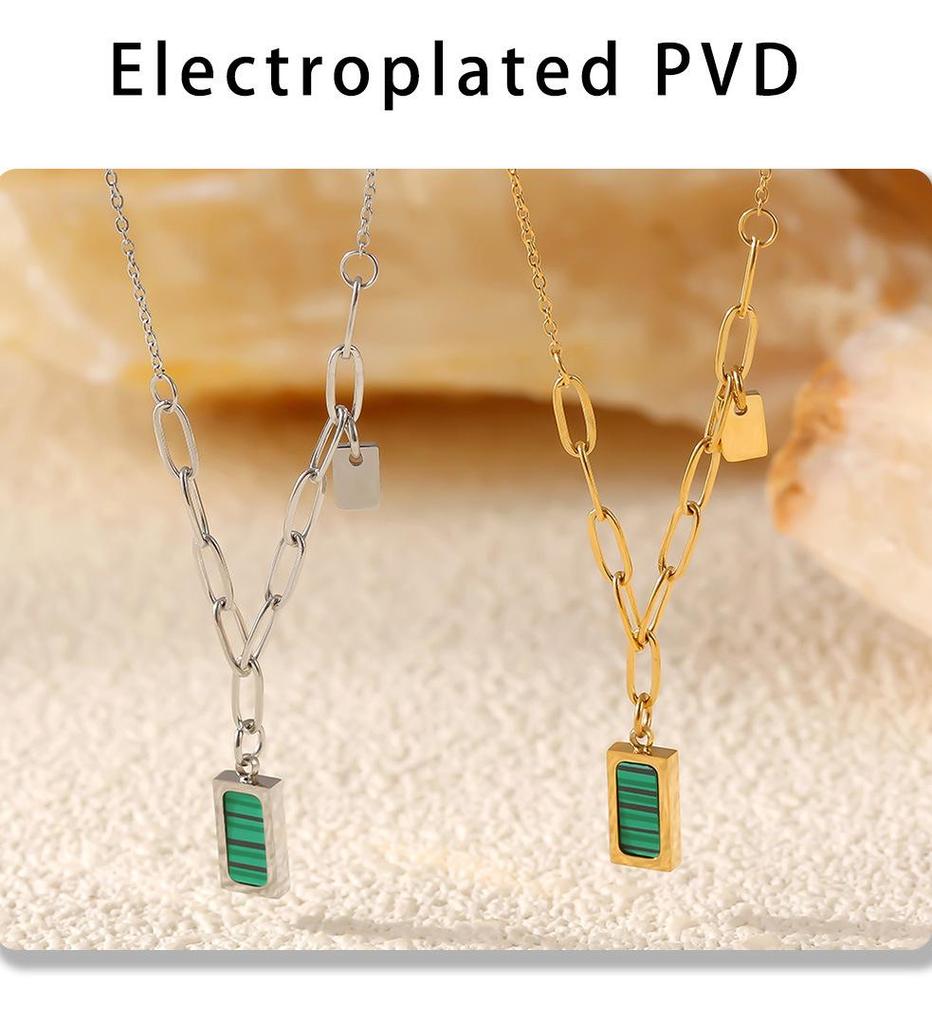 18K Gold-Plated Malachite Green Striped Collarbone Necklace - Small Square INS Style Retro Jewelry