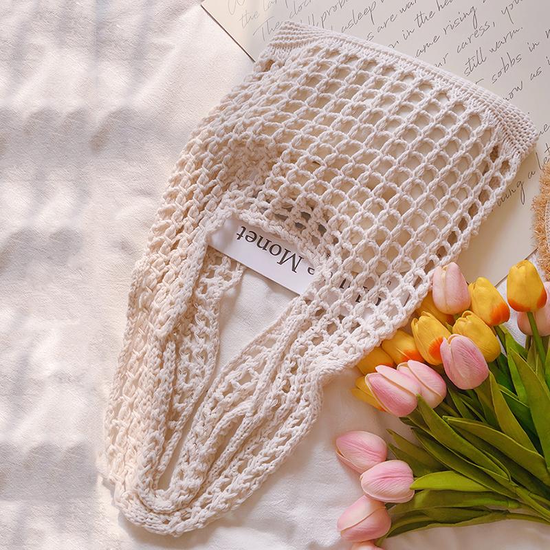 Solid Color Knitting Shoulder Bag Large Capacity Versatile Bohemian Crochet Tote Bag Hollow Out Casual Woven Handbag Women