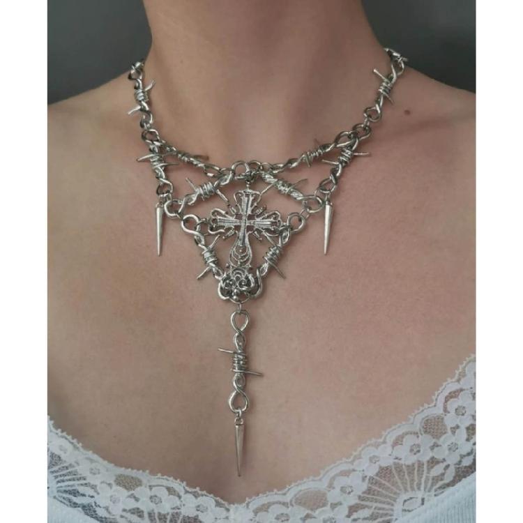 Necklace Jewelry for Men Women Y2K Safty Spur Cross Pendant Choker Chain Party